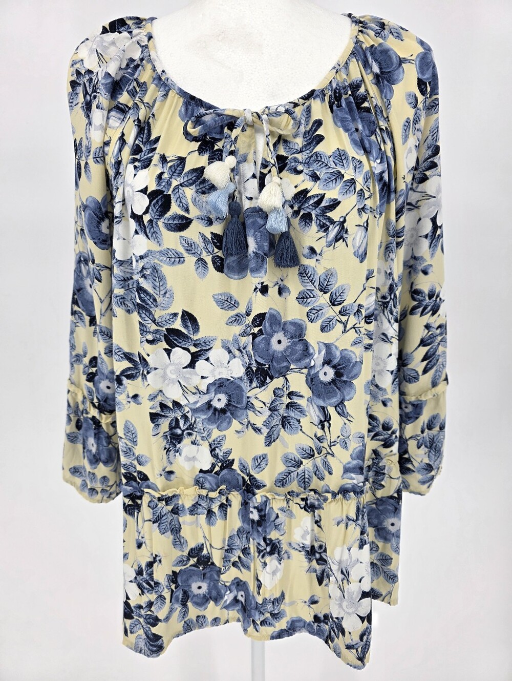 J Jill Yellow Blue Floral Tassel Tie Boho Peasant Top Size Small